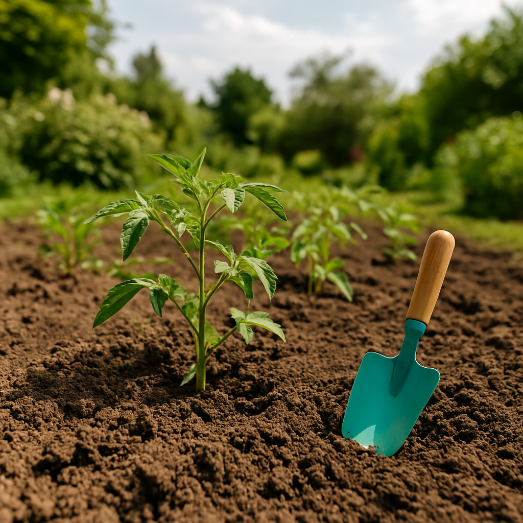 Ein Beet mit einer kleinen grünen Pflanze und einer Schaufel, die in der Erde steck in eienr Gartenumgebung
