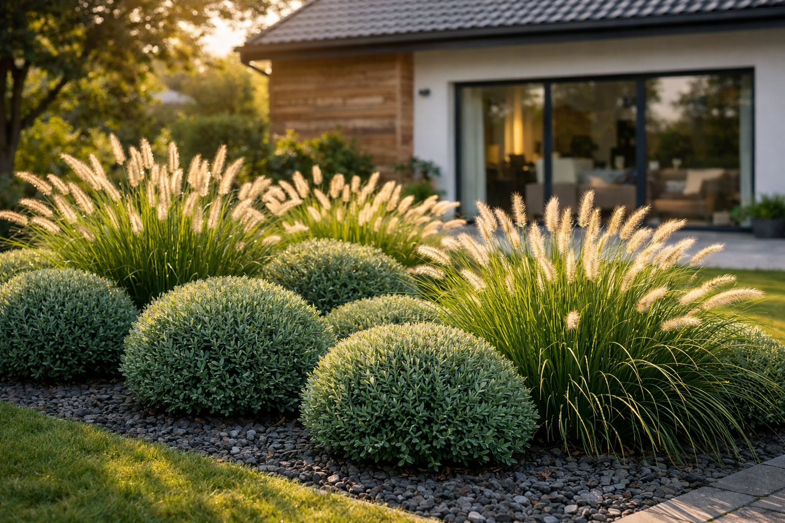 Modernes Gartenbeet mit Kugelweide und Gräsern