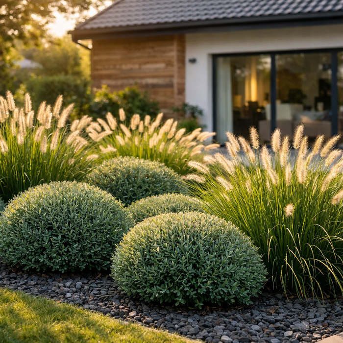 Modernes Gartenbeet mit Kugelweide und Gräsern