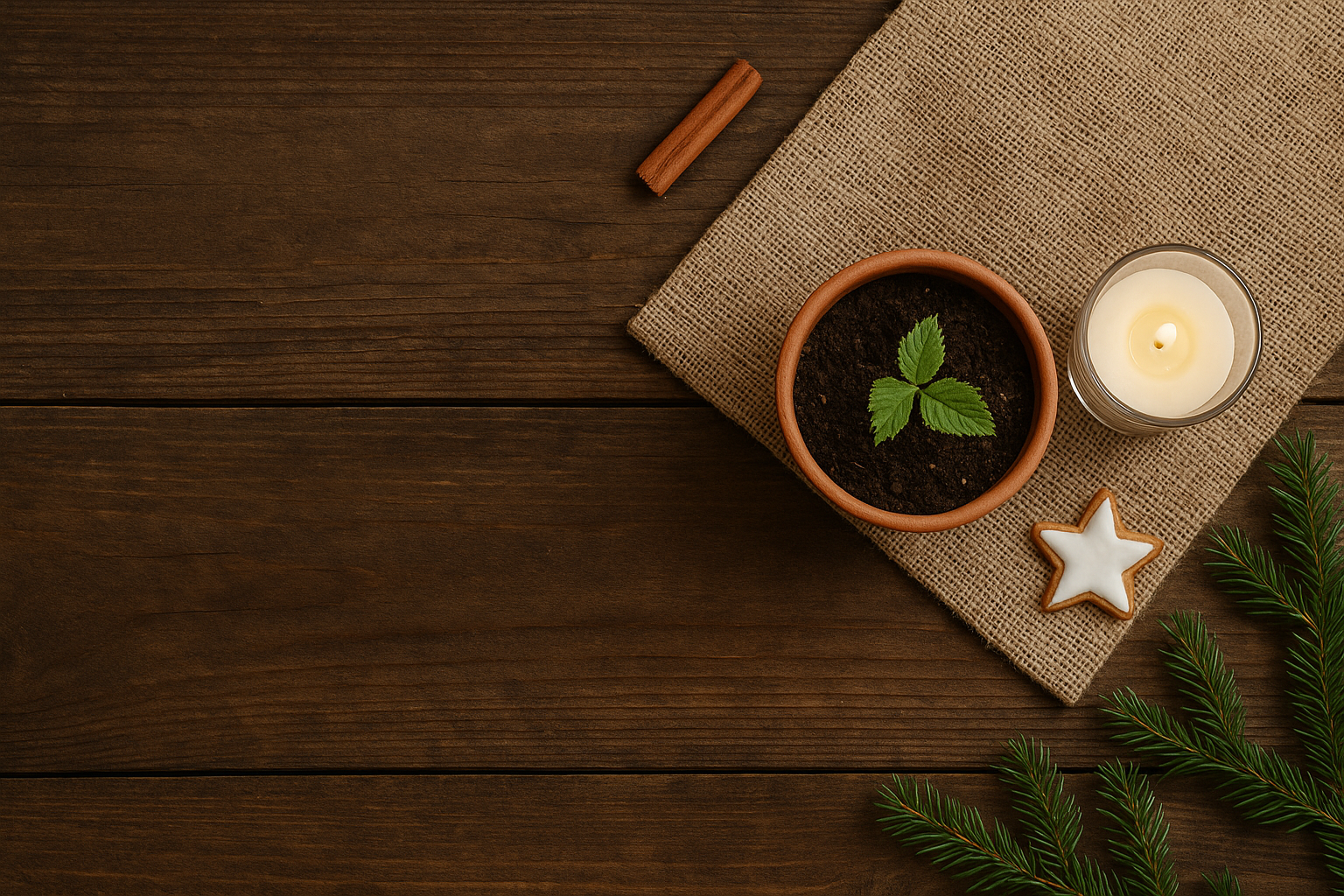 Holztisch mit Jute , einer Kerze und einer kleinen Topfpflanze und Tannengrün