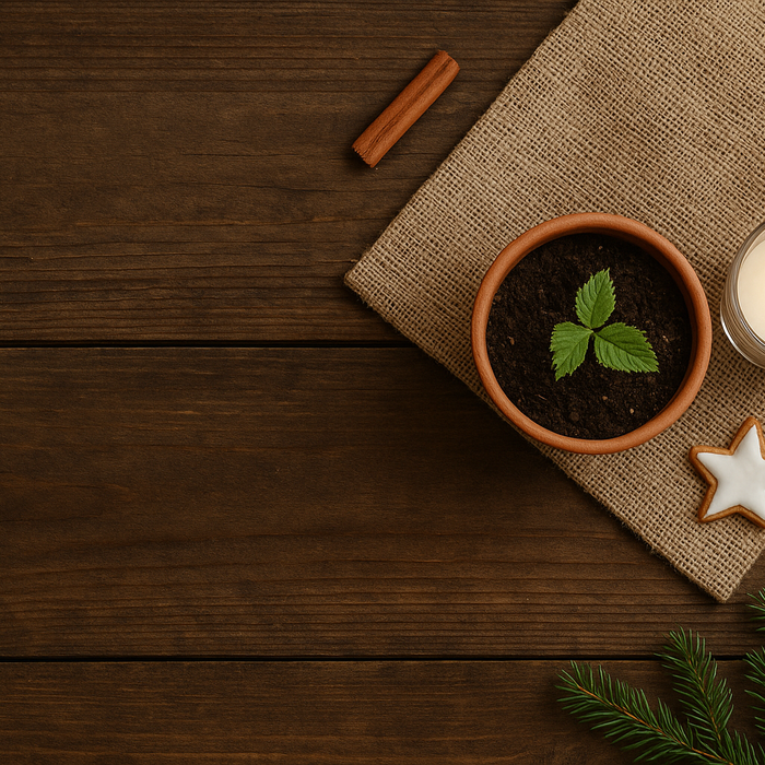 Holztisch mit Jute , einer Kerze und einer kleinen Topfpflanze und Tannengrün