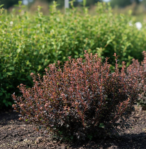 Blasenspiere Magical Sweet Cherry Tea mit roten Blättern wächst als kompakter Strauch in sonnigem Gartenbeet vor grünem Hintergrund.