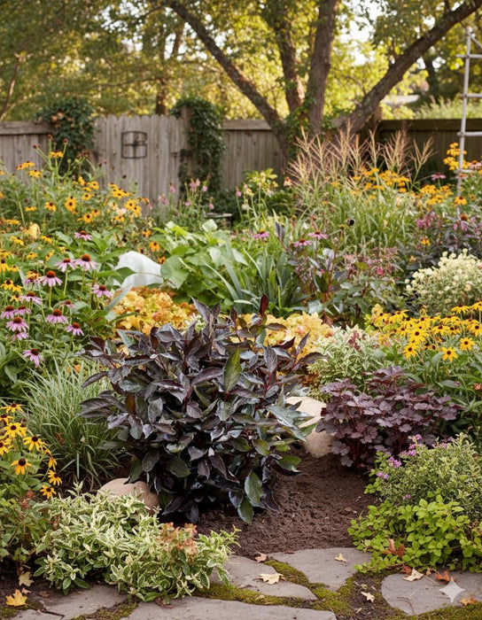 Hartriegel Nightfall mit dunkelroten Blättern steht im bunten Garten mit gelben und rosa Blüten vor Holzzaun.