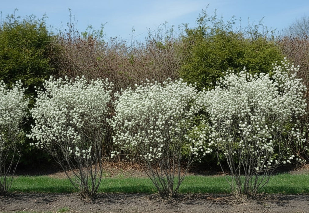Vier blühende Felsenbirne Rainbow Pillar Sträucher mit weißen Blüten vor grünem Hintergrund und blauem Himmel.