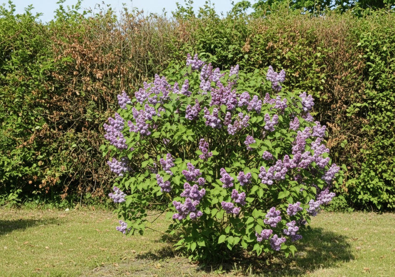 Edelflieder Michel Buchner mit lila Blüten in kugeliger Form vor grüner Hecke auf Rasenfläche.