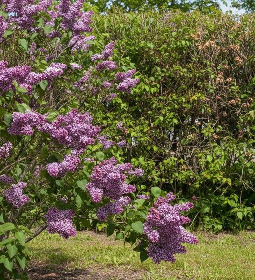 Edelflieder Sensation mit violetten Blütendolden vor grünem Buschwerk und blauem Himmel im Garten.