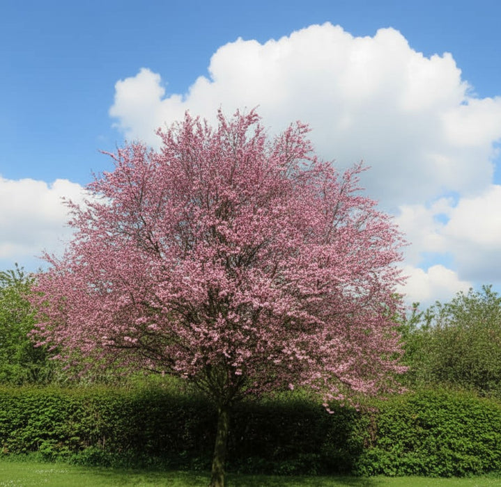 Blutpflaume 'Nigra' mit rosa Blüten in voller Blüte vor grünem Busch und blauem Himmel mit Wolken.