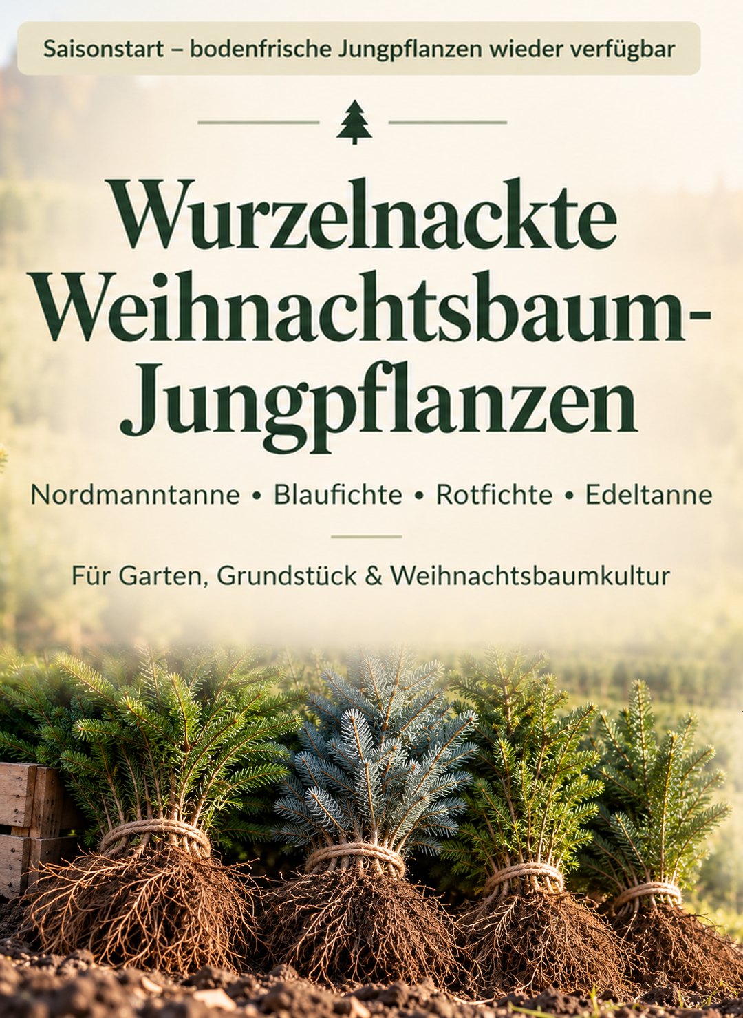 Wurzelnackte Weihnachtsbaum-Jungpflanzen: Nordmanntanne, Blaufichte, Rotfichte, Edeltanne